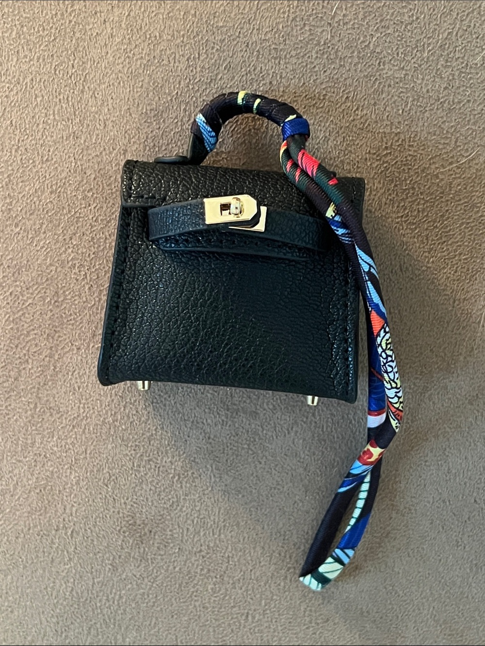Black Mini Top-Handle Bag Charm with Colorful Scarf Wrap - Picture 2 of 4